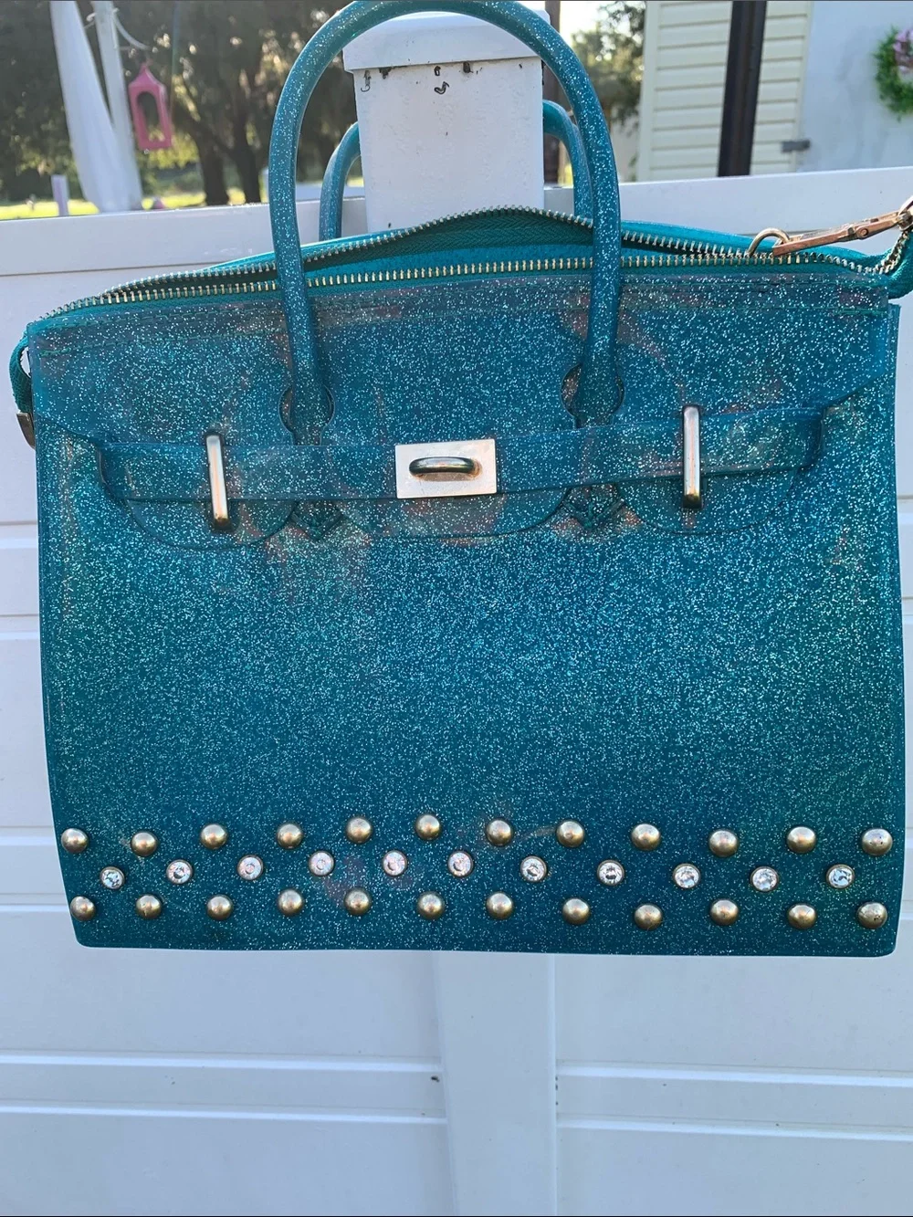 Glitter Teal Satchel with Gold Stud Accents jelly